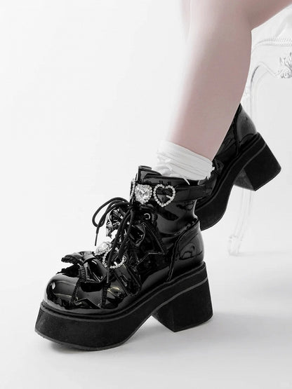 Plateau Stiefeletten Schnallen Jirai Kei Poliert und Schwarz Strass Sweetheart mit