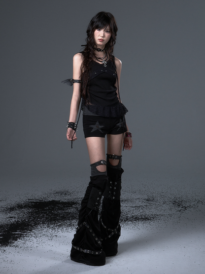 Lace-Up Black Leg Belts Warmers Punk with Studded Metal Knit
