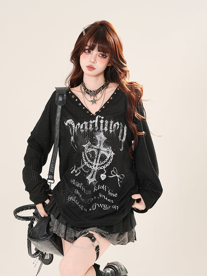 Vネック クロスプリント サンプロテクション カバーアップ ブラック/ホワイト