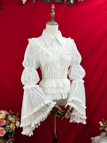 White Bell Sleeves Tiered Scalloped Eyelet Trim Hemline Blouse with Lace Jabot Tie