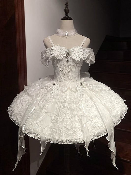 Bust White Swan Fabric Waist Princess 92-96CM Feather Basque Dress Fairy Straps XL Shiro for Lolita Clearance-Size Spaghetti