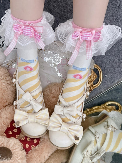 Pink&Yellow Sweet Lolita Bowknot Striped Pattern Calf Socks