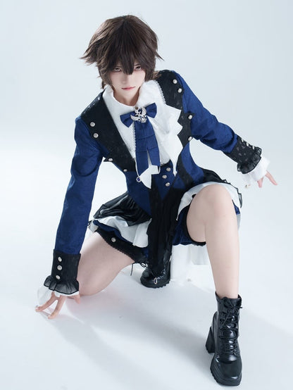 Gothic Ouji Lolita Ciel Vibes Dark Blue Prince Coat White Long Sleeves Shirt Dark Blue  Shorts