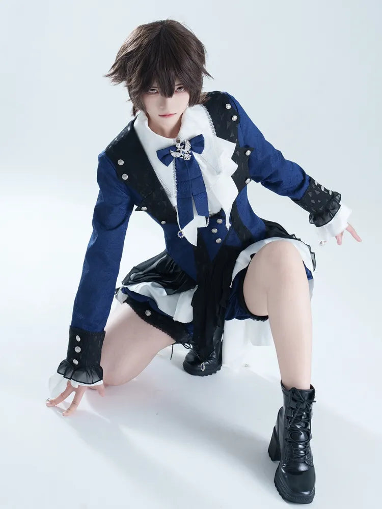 Lolita Gothic Prince Shirt Set Dunkelweißer Mantel Ouji Ärmel Shorts Blau + Dreiteilig + Blau Lang Dunkel