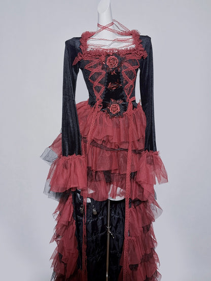 Gothic Black and Red Lace Hem Tiered High-Low Skirt