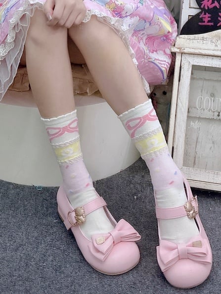 Ruffled Cuff Print Design Calf Socks