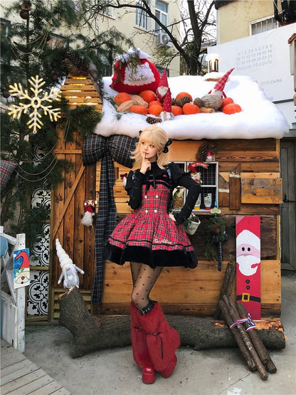 Robe à carreaux avec ourlet en peluche et oreilles de chat rouges de Noël, jupe pull Lolita