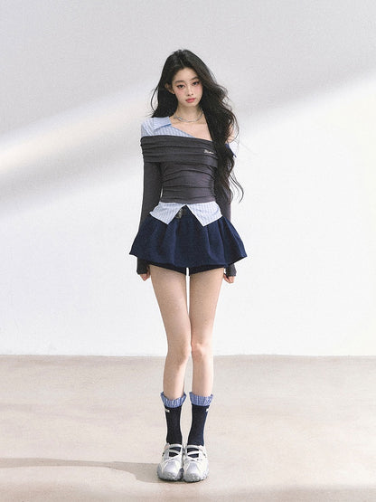 Two-pieces Gray and Blue Stripes Asymmetrical Neckline Faux Top