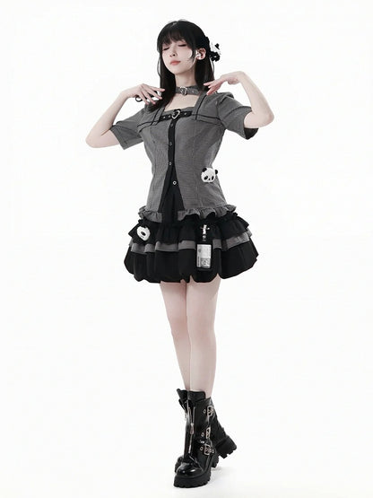 Choker Design Ruffled Hem Plaid Blouse Black Criss-cross All-in-one and