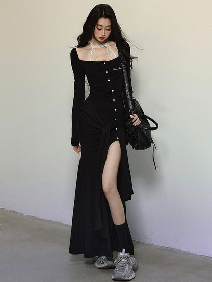 Black Self-tie Strap Thigh-high Slit Lace Halter Neck Knit Dress