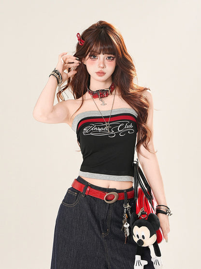 Navy Blue/Black Letter Print Cropped Strapless Top