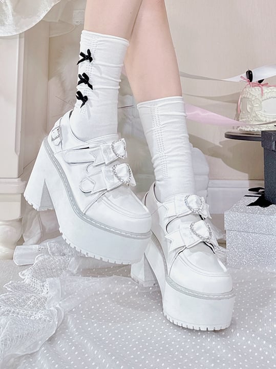 Matte White Jirai Kei Rhinestone Heart Bowknots Velcro Strap Closures  Landmine Style Platform Shoes