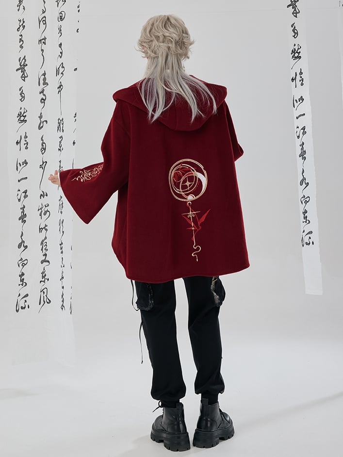 Red New Year Outfit Details Unisex Hooded Cape Coat