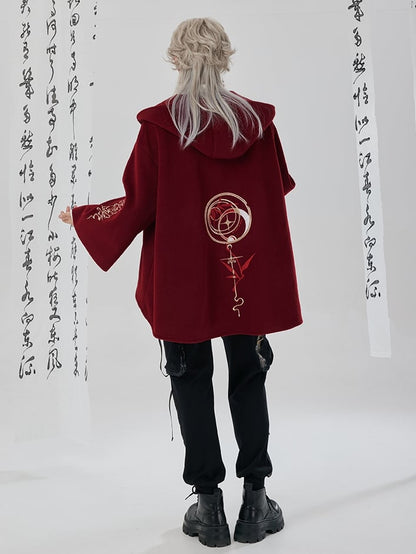 Red New Year Outfit Details Unisex Hooded Cape Coat