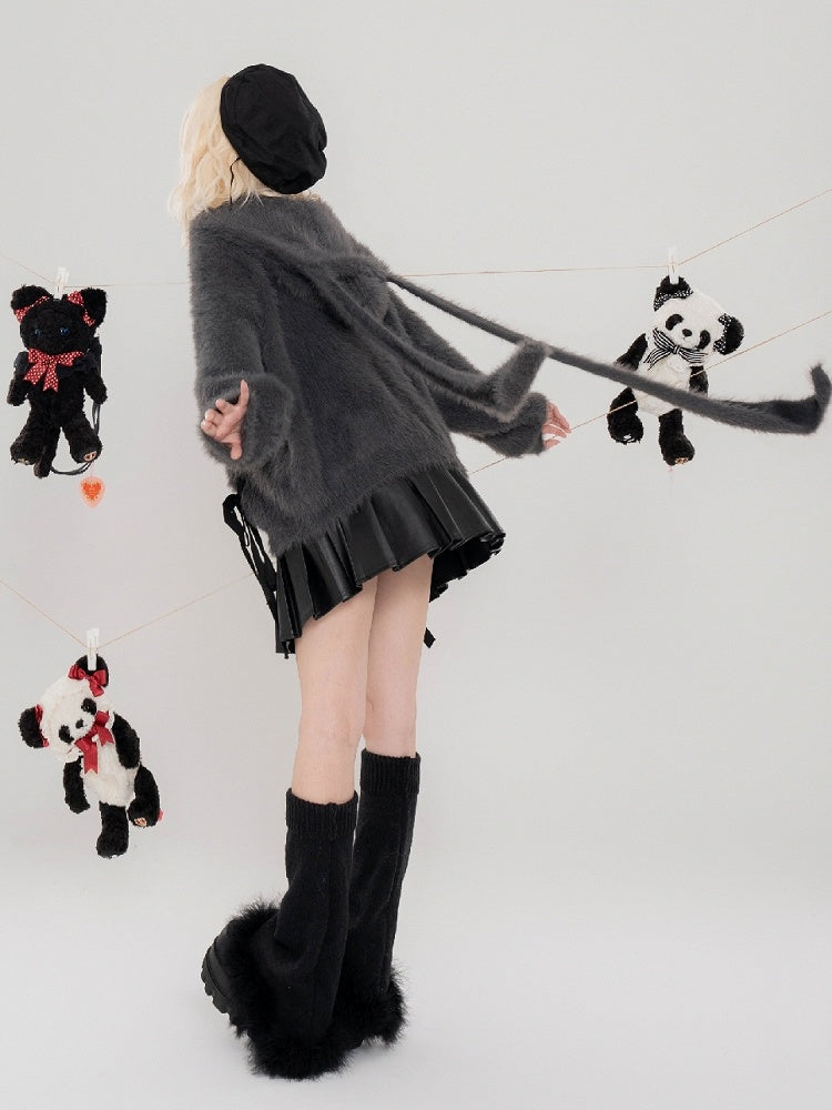 Dark Grey Lace-up Detail Bunny Ears Fluffy Hooded Cardigan