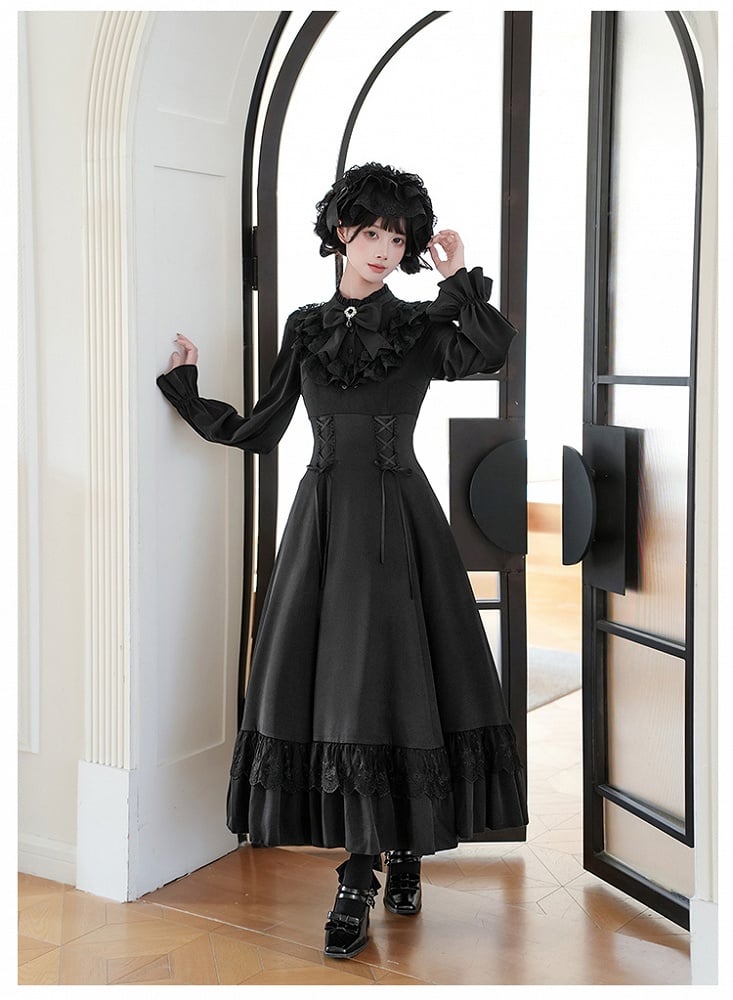 Neckline Lace-up Ruffle with Lolita Dress Shawl Detachable Waist Black Elegant