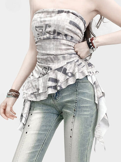 Strapless Asymmetrical Print White Top Letter Glamorous Hem Bittersweet