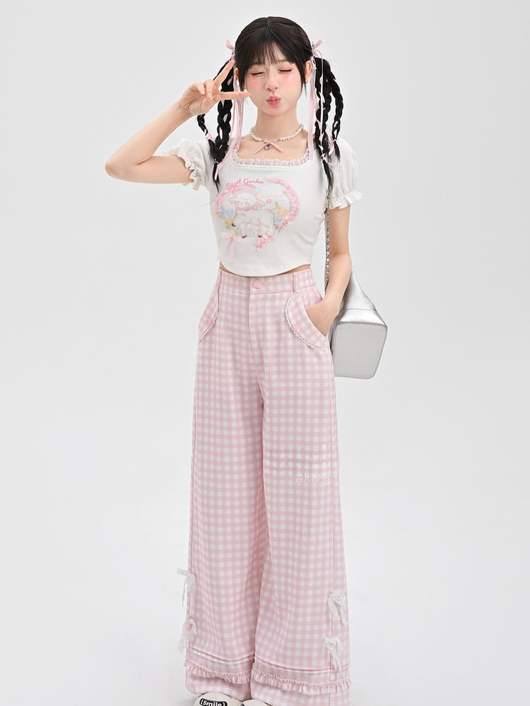 Pink Plaid High Waist Lace Bowknots Wide-Leg Pants Version Regular/Short