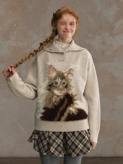 Beige/Brown Cozy Loose-Fit Pullover Sweater with Cat Design and Convertible Collar