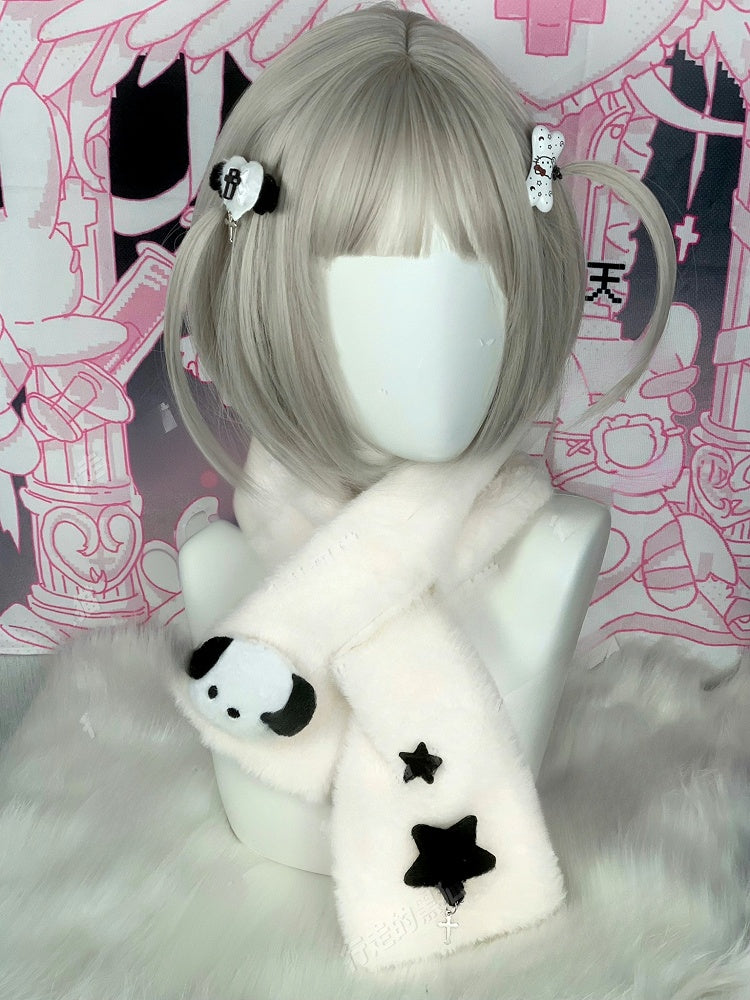 White & Black Cross Plush Scarf with Panda Puppy Plushie