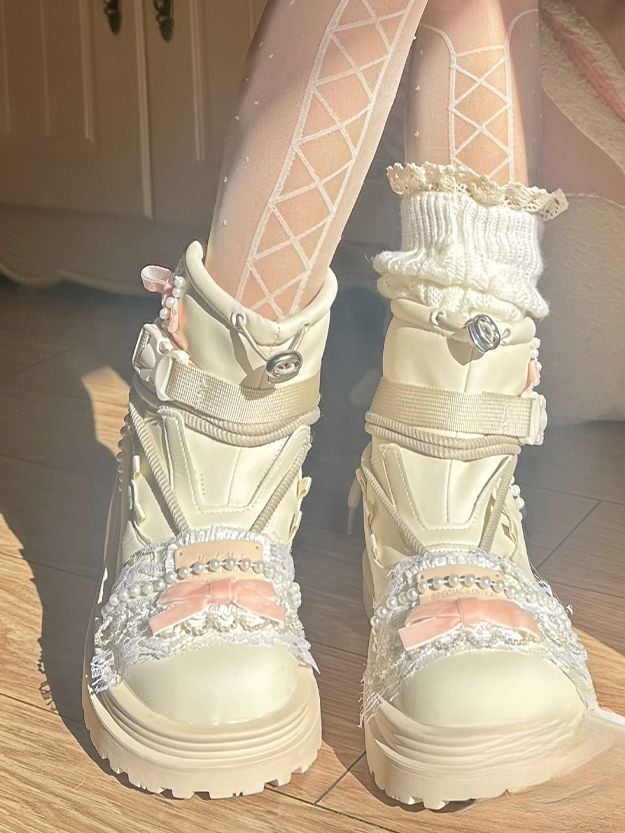 Beige Bow at Top Lace Beaded Chain Ankle Boots