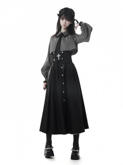 with Gothic Long | White Cross Skirt Elastic Chiffon Waist Black Chain Slit