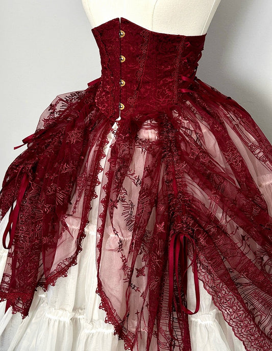 Red Gothic Lolita Corset Belt with Drawstring Design Cathedral Embroidery Overlay
