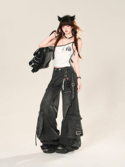 Black Distressed Holes Buckle Wide-Leg Jeans Cargo Pockets Straps
