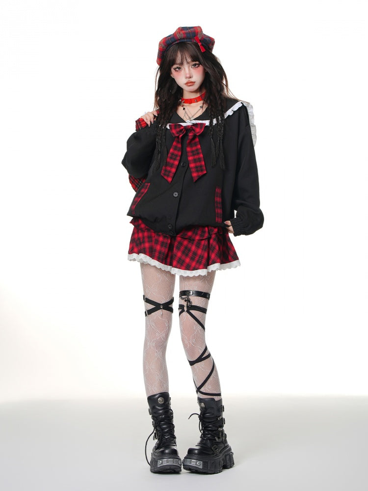 Black Sailor Collar Plaid Bowknot Jacket