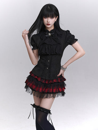 Tie Black Puff Sleeves Vintage Gothic Blouse with Detachable Jabot