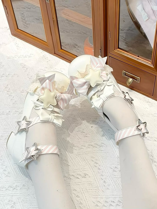 Riemen Bowknot Muster Gestreifte Schnalle Lolita Weiße Schuhe Stern Details