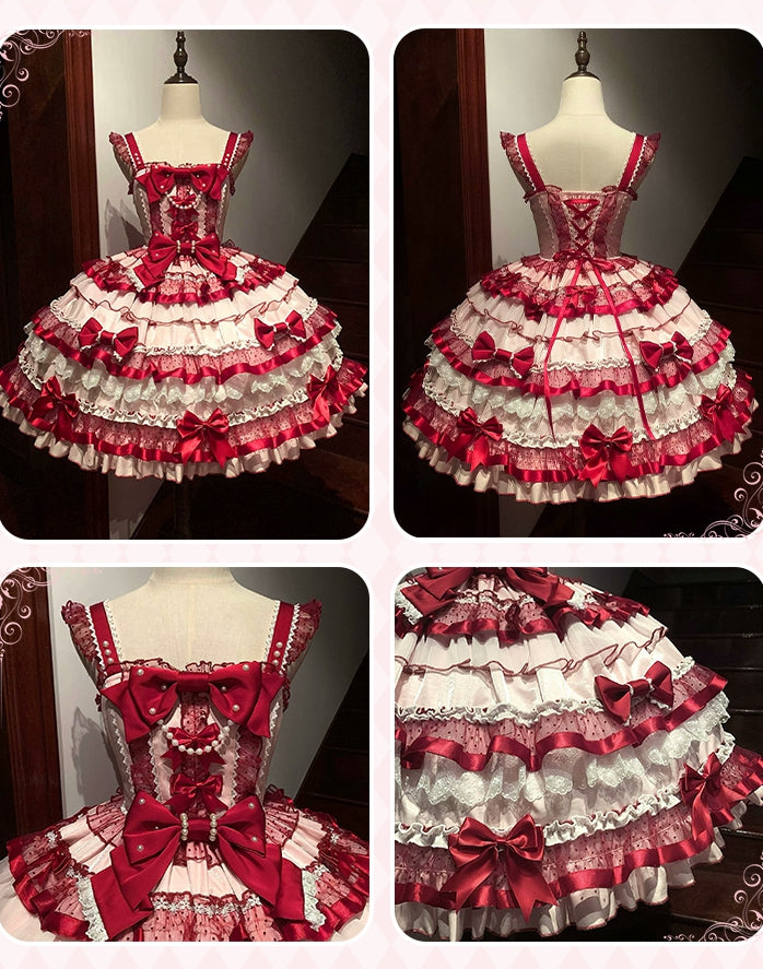 Robe Lolita Old School rose et rouge avec jupe à volants superposés et nœuds papillon