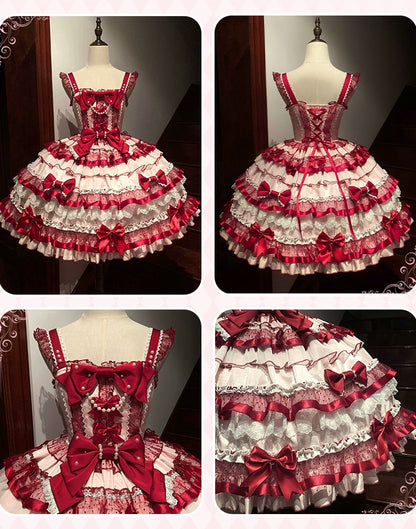 Robe Lolita Old School rose et rouge avec jupe à volants superposés et nœuds papillon