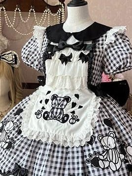 Lolita-Schürze mit selbstbindendem Riemen und kariertem Bärenmuster und weißem Rüschensaum