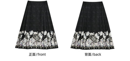 Jupe midi plissée style cheongsam motif lapin lune noire
