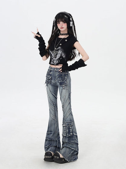 Blue Low Rise Raw Hem Faded Wash Flared Cargo Jeans Y2K