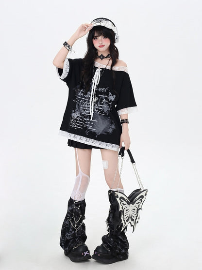 Black/White Graphic T-Shirt Hem Patches Asymmetrical Lace-up Neckline Lace