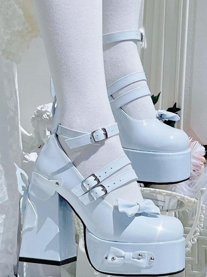 Light Blue Bowknot Stud Butterfly Platform High Block Heels Lolita Shoes