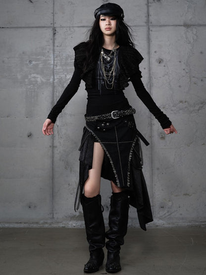 Rock mit Verzierungen PU Taschentuch Saum Punk Gothic Metal Schwarz