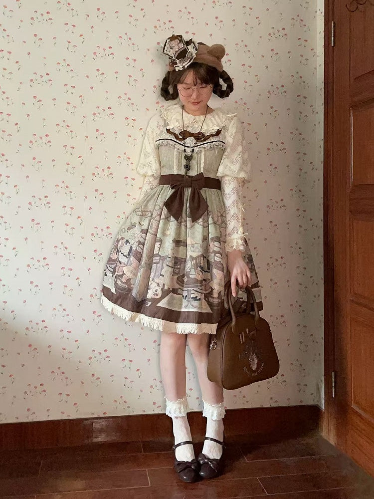 Lolita Little Bear Coffee House Sweet Skirt Green Jumper Print