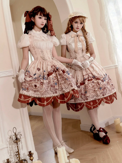 Under Bust Boned Waist Circus Animals Print Lolita Jumper Skirt Long Version