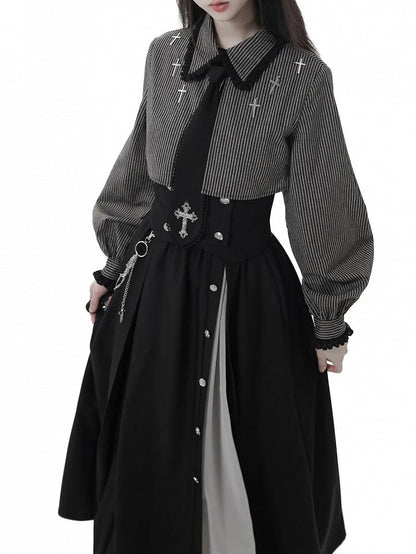 with Gothic Long | White Cross Skirt Elastic Chiffon Waist Black Chain Slit