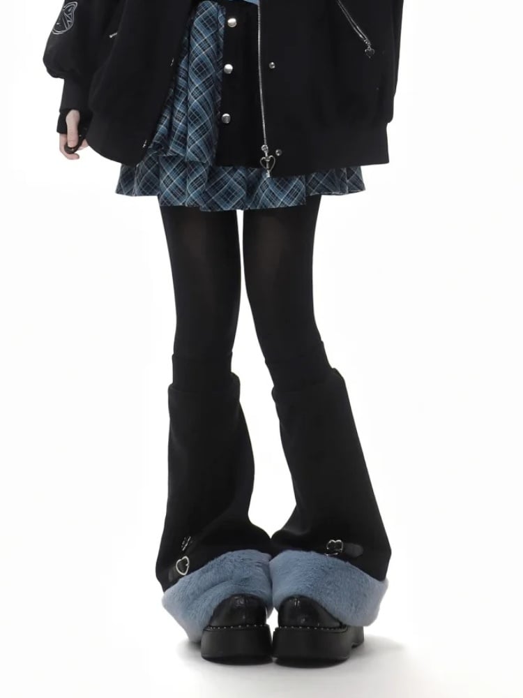 Blue&Black Plush Trim Leg Warmers with Buckle