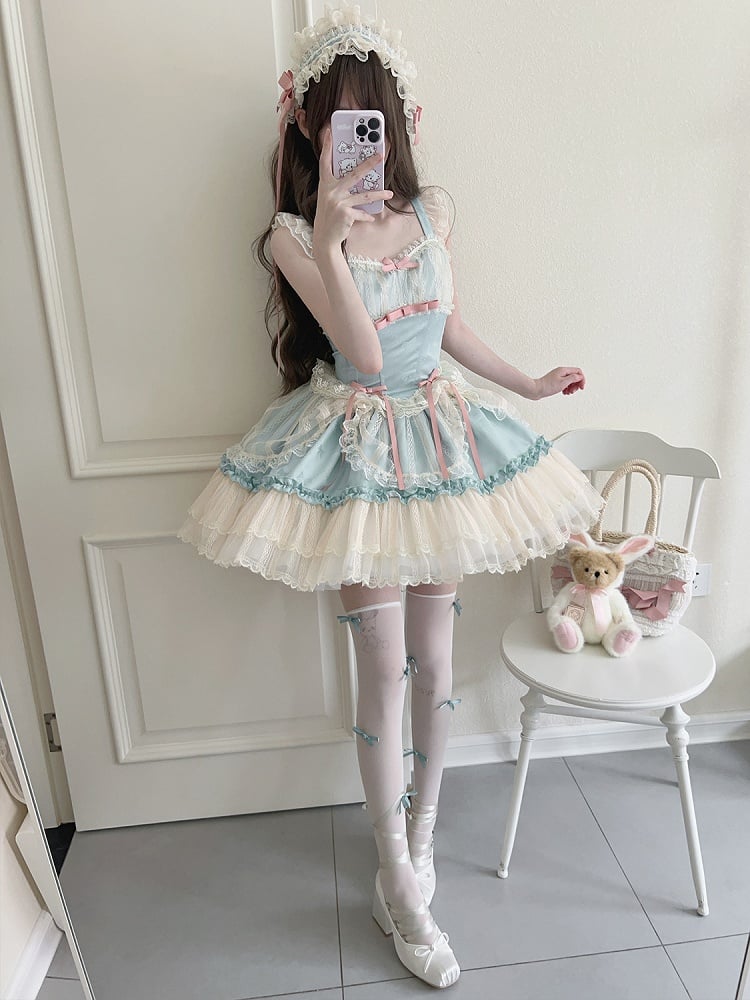 Short Small Fabric Balletcore Skirt Green Bows Lolita Jumper Dress