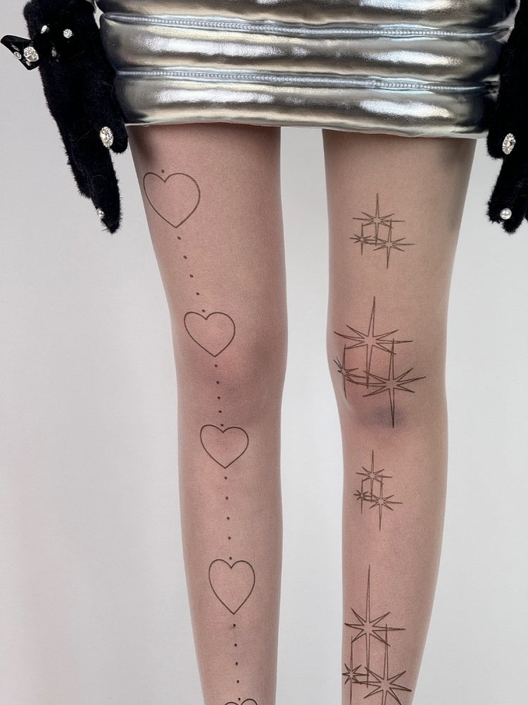 Print White And Heart Star Tights