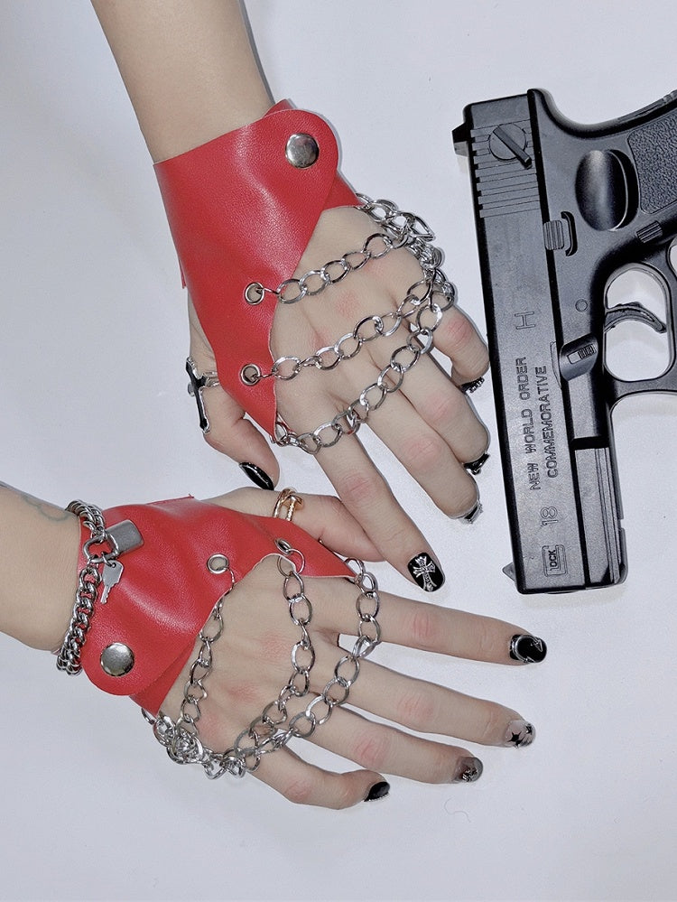 Y2K verziert schwarz/weiß/rot/silber und Schloss Punk Kette PU