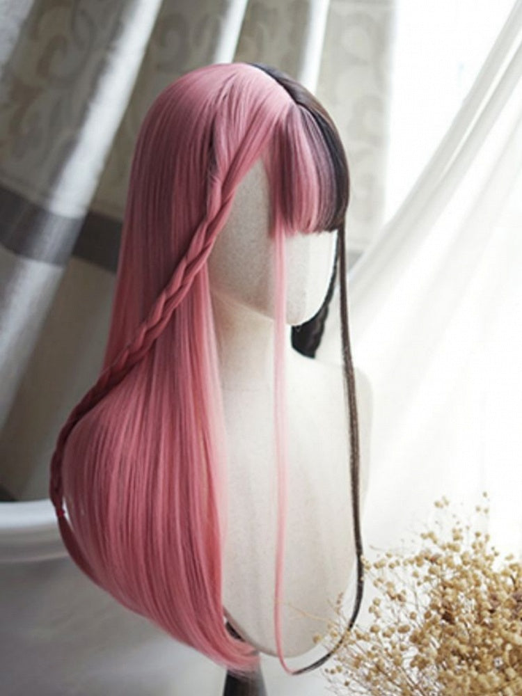 Pink&Black Split Color Waist Length Straight Wig With Full Bangs