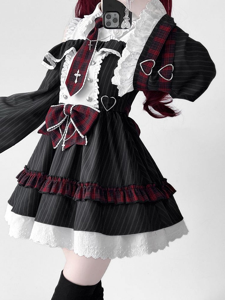 Dress Bell Plaid Tie Idol And Shoulder Cutout Lolita Black Bowknot Stripes Red With Sleeves