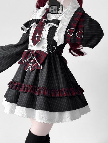 Dress Bell Plaid Tie Idol And Shoulder Cutout Lolita Black Bowknot Stripes Red With Sleeves