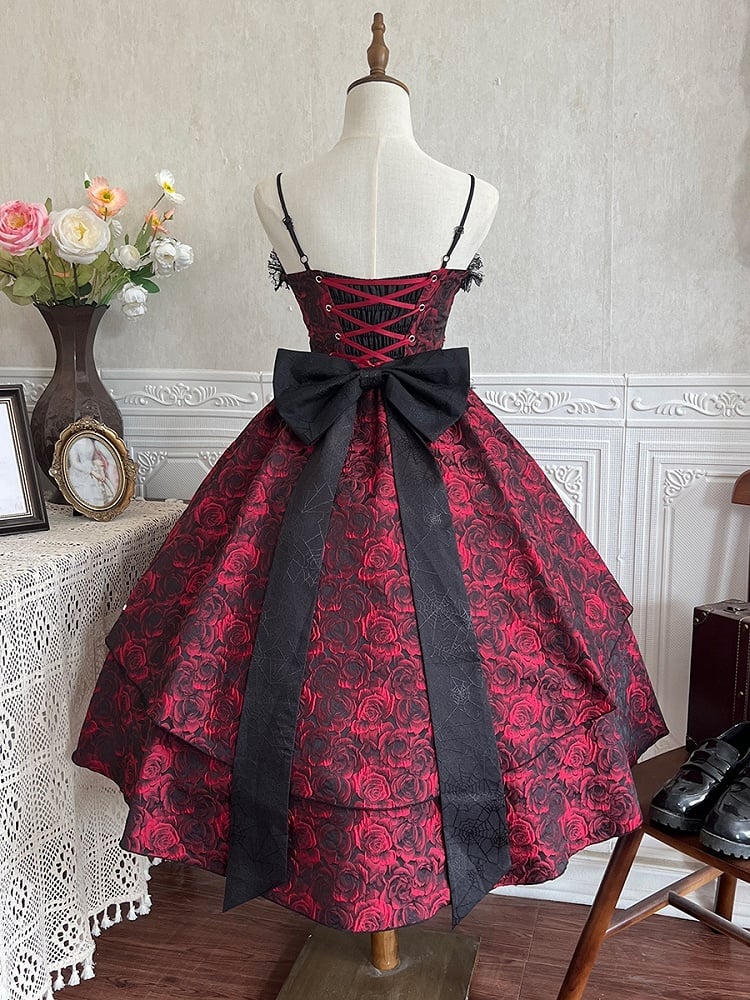 Black and Red Gothic Rosette Fabric High-low Skirt Dress Lolita JSK